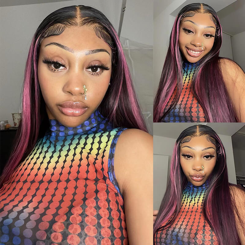 Arabella 13x4 Frontal Lace Purple Highlight Straight Wig Invisible Knots Realistic Hairline