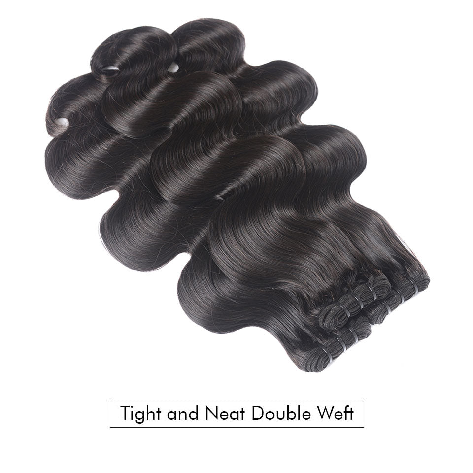 {15A 3Pcs+Frontal} Body Wave Double Drawn Raw Virgin Human Hair Weaves 3 Bundles With Frontal Closure