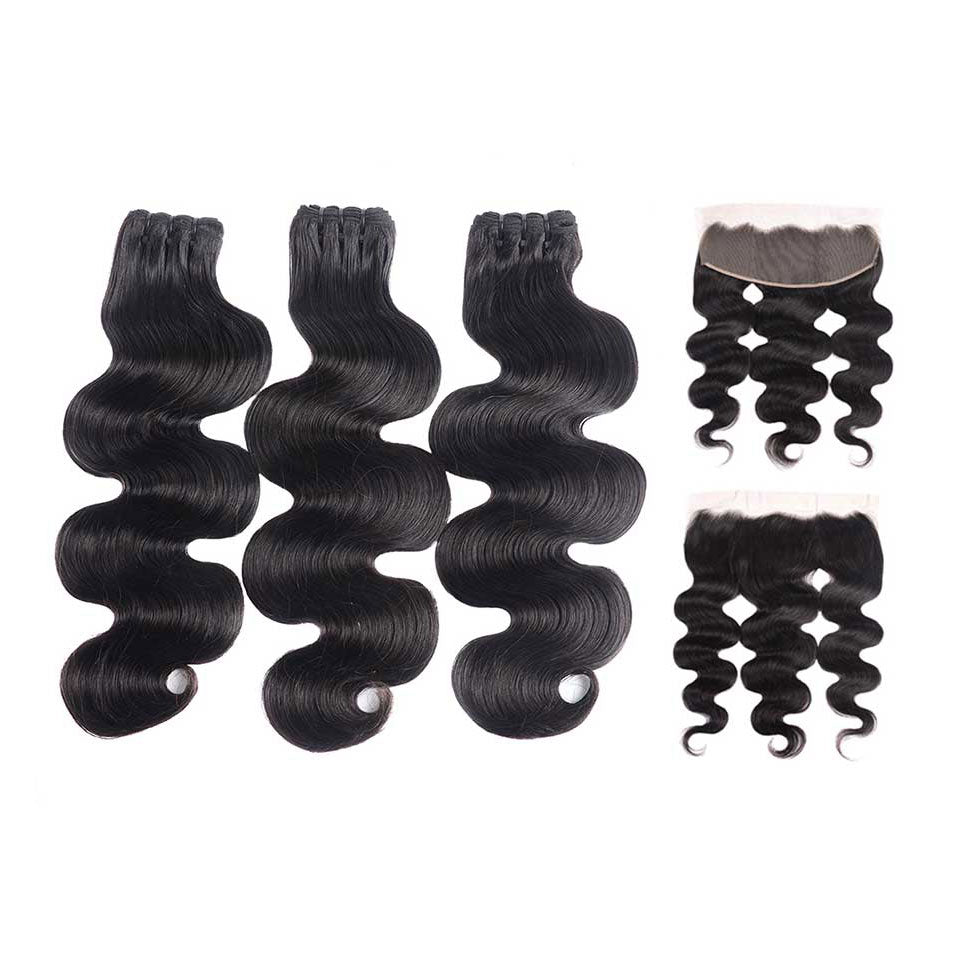 {15A 3Pcs+Frontal} Body Wave Double Drawn Raw Virgin Human Hair Weaves 3 Bundles With Frontal Closure