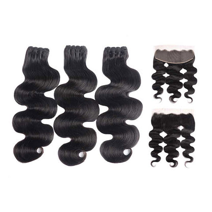 {15A 3Pcs+Frontal} Body Wave Double Drawn Raw Virgin Human Hair Weaves 3 Bundles With Frontal Closure
