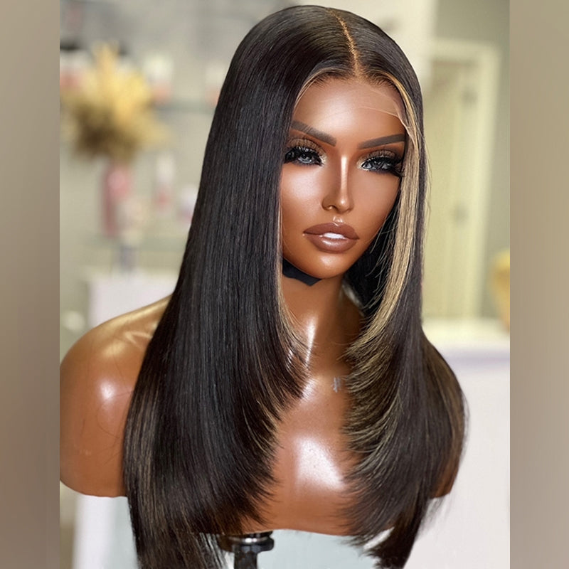 13x4 HD Lace Middle Part Framing Layers Double Drawn Grade Human Hair Natural Black Hair with Blonde Highlights Lace Front Wigs