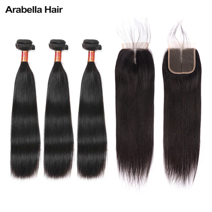 {12A 3Pcs+Closure} Brazilian Straight 3 Bundles Hair With 4x4 Lace Closure Unprocessed Virgin Hair Weave
