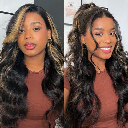 Arabella 13x4/6x5 Lace Glueless Auburn Highlights on Black Hair Body Wave Wig Invisible Knots Realistic Hairline