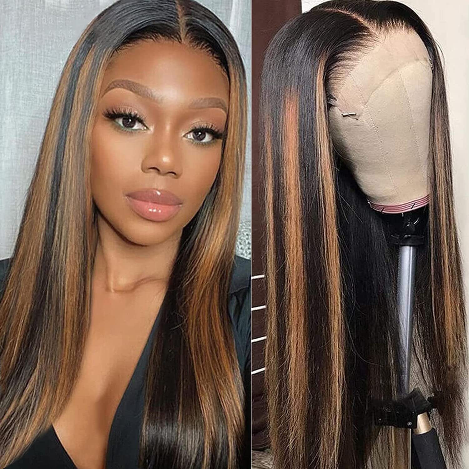000 Brown Highlights Straight Hair Pre-Plucked 13x4 Lace Front Wig