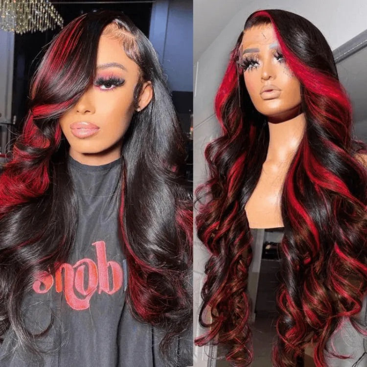 Dark Burgundy Rose Red Highlights Colored Body Wave 13x4 Lace Front Human Hair Wig