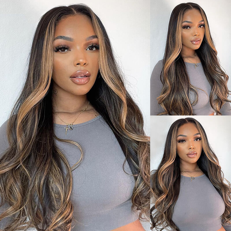 Arabella 13x4/6x5 Lace Glueless Auburn Highlights on Black Hair Body Wave Wig Invisible Knots Realistic Hairline
