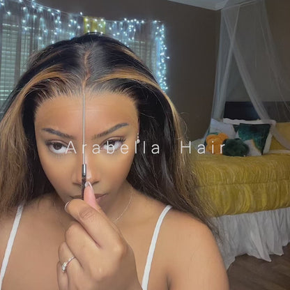 Arabella 13x4/6x5 Lace Glueless Auburn Highlights on Black Hair Body Wave Wig Invisible Knots Realistic Hairline