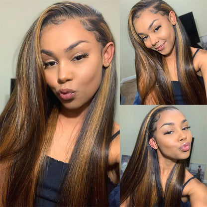 000 Brown Highlights Straight Hair Pre-Plucked 13x4 Lace Front Wig