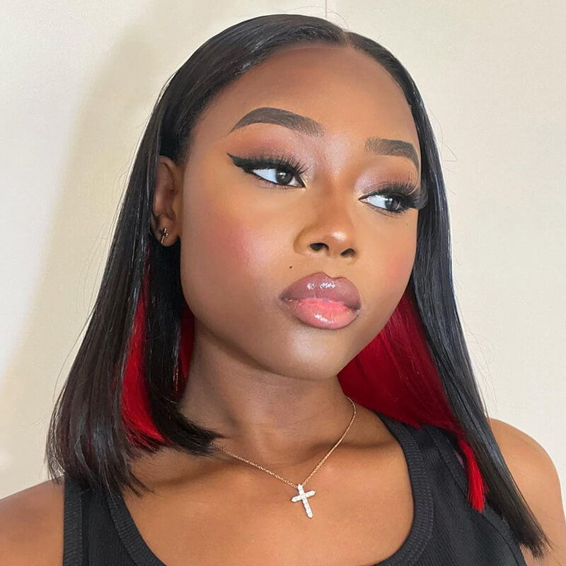 Red Peekaboo Highlights Color Short Bob Straight 13x4 Lace Front Human Hair Wigs