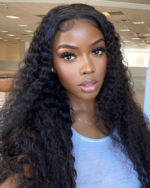 New Deep Curly Transparent Lace Frontal 13*4 Lace Wig Glueless Wig 16-30 Inch 180% Density Natual Black Free Part - arabellahair.com