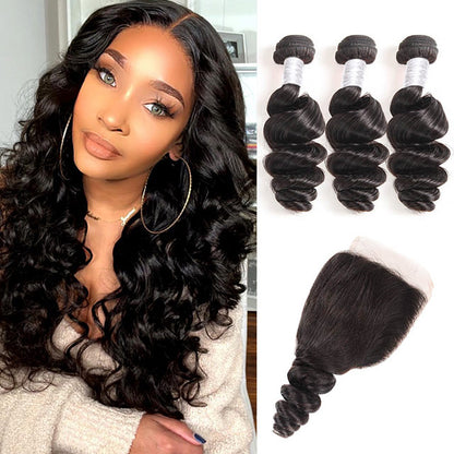 Loose Wave Human Hair Bundles With Closure 12A HD 4*4 Closure With Bundles - arabellahair.com