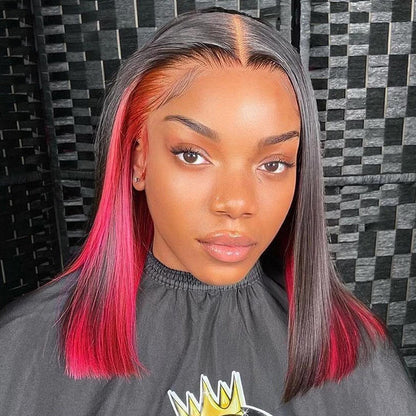 Peekaboo Highlights Pink Red Colored Transparent 4*4/13*4 Lace Human Hair Bob Wigs Glueless Human Hair - arabellahair.com