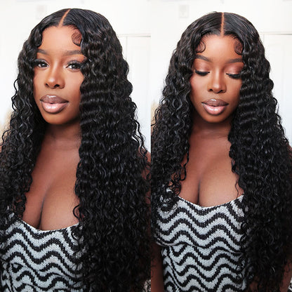 Arabella 6x5 Invisible Knots Glueless &amp; 13x4 Frontal Lace Deep Wave Wig Pre-cut Lace Natural Black Beginner Friendly